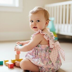 SweetHoney Lavender Floral Baby Romper with Pink Gingham Bow NWOT